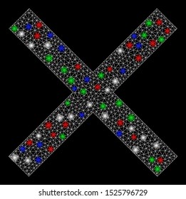 Bright mesh cancel with glow effect. White wire carcass polygonal mesh in vector format on a black background. Abstract 2d mesh designed with triangular lines, round dots, colored light spots.