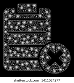 Bright mesh cancel test with lightspot effect. Abstract illuminated model of cancel test icon. Shiny wire frame triangular mesh cancel test abstraction in vector format on a black background.