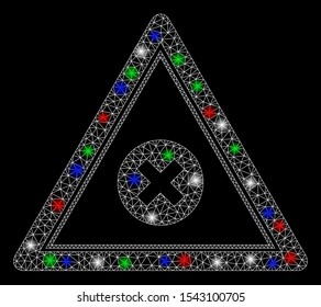 Bright mesh cancel triangle with glare effect. White wire carcass polygonal network in vector format on a black background. Abstract 2d mesh designed with polygonal grid, round dots,