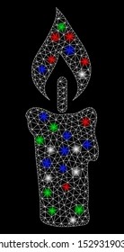 Bright mesh candle with glare effect. White wire carcass triangular mesh in vector format on a black background. Abstract 2d mesh designed with polygonal grid, round dots, colorful flash spots.