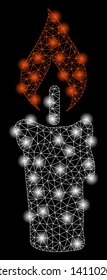 Bright mesh candle with lightspot effect. Abstract illuminated model of candle icon. Shiny wire frame triangular network candle abstraction in vector format on a black background.