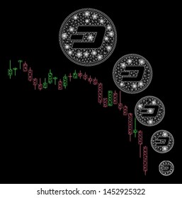Bright mesh candlestick chart Dashcoin deflation with glare effect. Abstract illuminated model of candlestick chart Dashcoin deflation icon.