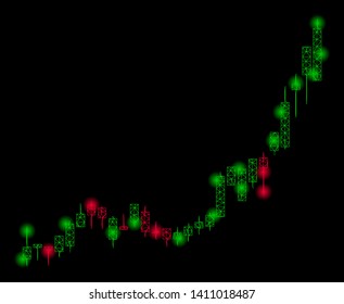 Bright mesh candlestick chart growth acceleration with glare effect. Abstract illuminated model of candlestick chart growth acceleration icon.