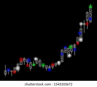 Bright mesh candlestick chart growth acceleration with glow effect. White wire carcass triangular mesh in vector format on a black background. Abstract 2d mesh designed with triangular lines,