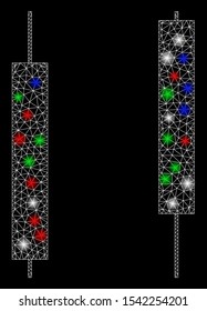 Bright mesh candlesticks with glow effect. White wire frame triangular mesh in vector format on a black background. Abstract 2d mesh designed with triangular lines, small circle, colored light spots.