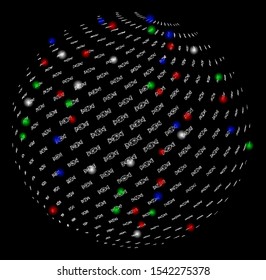 Bright mesh candy abstract sphere with lightspot effect. White wire frame triangular mesh in vector format on a black background. Abstract 2d mesh created from triangular lines, dots,