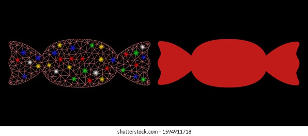 Bright mesh candy icon with sparkle effect. Abstract illuminated model of candy. Shiny wire frame triangular mesh candy icon. Vector abstraction on a black background.