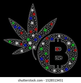 Bright mesh cannabis Bitcoin with glare effect. White wire carcass polygonal mesh in vector format on a black background. Abstract 2d mesh created from polygonal grid, small circle,