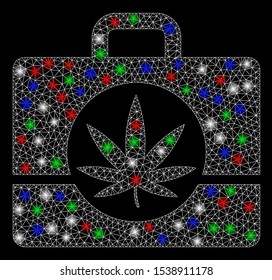 Bright mesh cannabis case with glow effect. White wire frame polygonal mesh in vector format on a black background. Abstract 2d mesh designed with polygonal grid, dots, colored light spots.