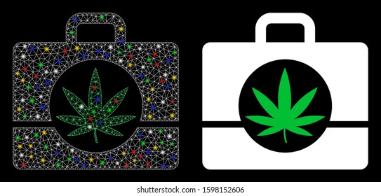 Bright mesh cannabis case icon with glow effect. Abstract illuminated model of cannabis case. Shiny wire carcass triangular mesh cannabis case icon. Vector abstraction on a black background.