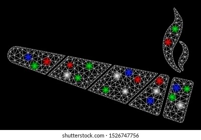 Bright mesh cannabis cigarette with lightspot effect. White wire carcass polygonal mesh in vector format on a black background. Abstract 2d mesh designed with polygonal grid, round dots,