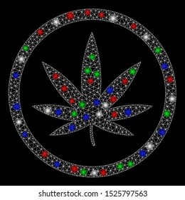 Bright mesh cannabis with lightspot effect. White wire carcass triangular mesh in vector format on a black background. Abstract 2d mesh designed with polygonal grid, small circle,