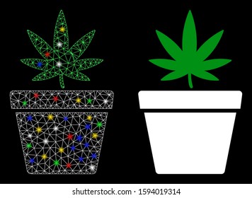 Bright mesh cannabis pot icon with glare effect. Abstract illuminated model of cannabis pot. Shiny wire frame polygonal mesh cannabis pot icon. Vector abstraction on a black background.