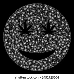 Bright mesh cannabis smiley smile with lightspot effect. Abstract illuminated model of cannabis smiley smile icon.