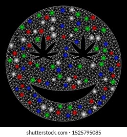 Bright mesh cannabis smiley smile with glow effect. White wire carcass polygonal mesh in vector format on a black background. Abstract 2d mesh designed with polygonal grid, round dots,