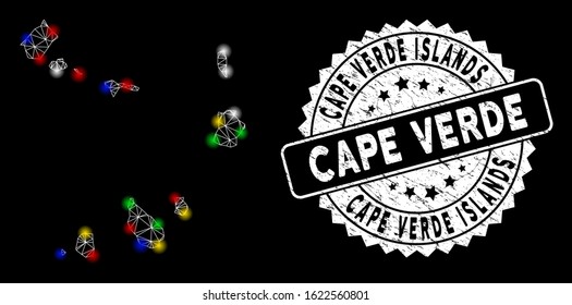 Bright mesh Cape Verde Islands map with glow effect, and stamp. Wire frame polygonal Cape Verde Islands map mesh in vector format on a black background. White round stamp with grunge textures.