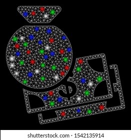 Bright mesh capital with glare effect. White wire carcass polygonal mesh in vector format on a black background. Abstract 2d mesh created from polygonal grid, round dots, colorful glare spots.