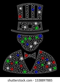 Bright mesh capitalist with lightspot effect. White wire frame triangular network in vector format on a black background. Abstract 2d mesh designed with triangular lines, spheric points,