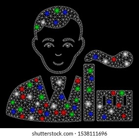 Bright mesh capitalist oligarch with lightspot effect. White wire frame triangular mesh in vector format on a black background. Abstract 2d mesh designed with triangular lines, round dots,