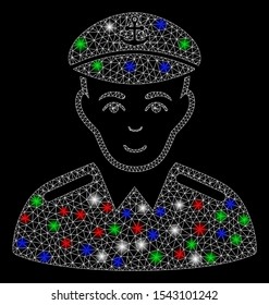 Bright mesh captain with glare effect. White wire carcass polygonal mesh in vector format on a black background. Abstract 2d mesh built from polygonal grid, dots, colored glare spots.