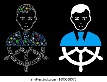 Bright mesh captain icon with sparkle effect. Abstract illuminated model of captain. Shiny wire frame triangular mesh captain icon. Vector abstraction on a black background.