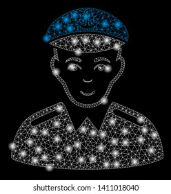 Bright mesh captain with lightspot effect. Abstract illuminated model of captain icon. Shiny wire frame polygonal mesh captain abstraction in vector format on a black background.