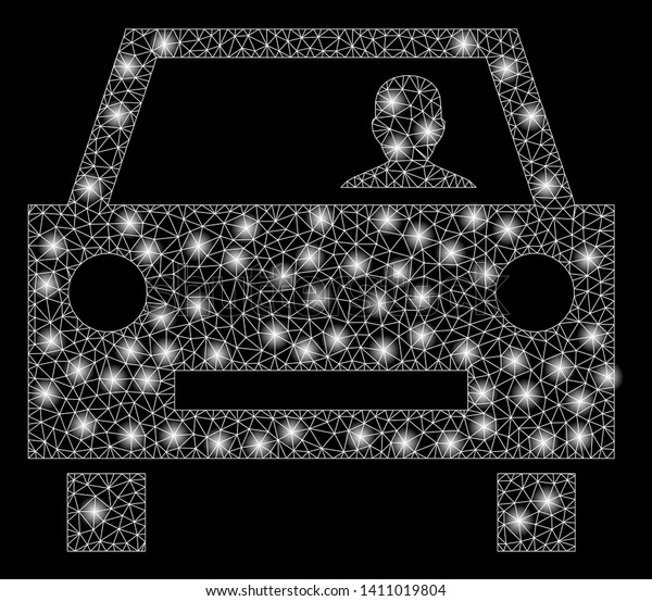 Bright mesh car driver with glare effect.\
Abstract illuminated model of car driver icon. Shiny wire frame\
triangular mesh car driver abstraction in vector format on a black\
background.