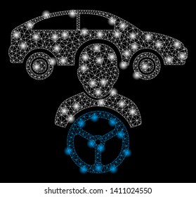 Bright mesh car driver with glow effect. Abstract illuminated model of car driver icon. Shiny wire carcass polygonal mesh car driver abstraction in vector format on a black background.