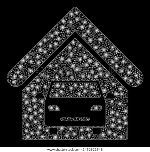 Bright mesh car garage with glare effect.
Abstract illuminated model of car garage icon. Shiny wire carcass
polygonal mesh car garage abstraction in vector format on a black
background.