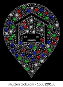 Bright mesh car garage marker with glow effect. White wire frame triangular mesh in vector format on a black background. Abstract 2d mesh designed with triangular lines, round dots,