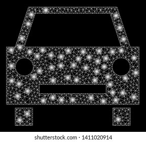 Bright mesh car with glare effect. Abstract illuminated model of car icon. Shiny wire frame triangular mesh car abstraction in vector format on a black background.