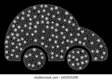 Bright mesh car with glare effect. Abstract illuminated model of car icon. Shiny wire frame triangular mesh car abstraction in vector format on a black background.