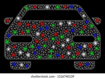 Bright mesh car with glare effect. White wire carcass polygonal mesh in vector format on a black background. Abstract 2d mesh designed with polygonal grid, small circle, colorful glare spots.