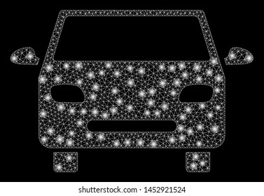 Bright mesh car with glow effect. Abstract illuminated model of car icon. Shiny wire frame polygonal mesh car abstraction in vector format on a black background.