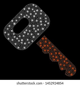 Bright mesh car key with glare effect. Abstract illuminated model of car key icon. Shiny wire carcass polygonal mesh car key abstraction in vector format on a black background.