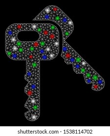 Bright mesh car keys with lightspot effect. White wire frame polygonal mesh in vector format on a black background. Abstract 2d mesh designed with polygonal grid, spheric points, colored light spots.