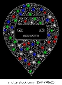Bright mesh car map marker with glare effect. White wire carcass triangular mesh in vector format on a black background. Abstract 2d mesh designed with triangular lines, round dots,
