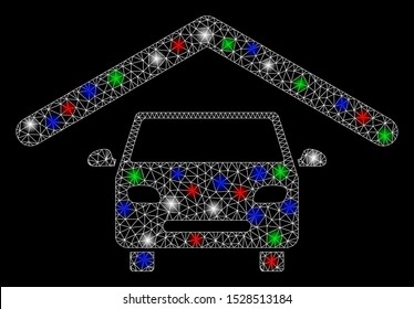 Bright mesh car roof with glare effect. White wire frame triangular network in vector format on a black background. Abstract 2d mesh created from triangular lines, small circle, colorful glare spots.