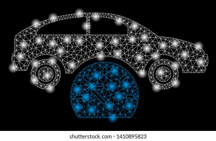 Bright mesh car testing with glare effect. Abstract illuminated model of car testing icon. Shiny wire frame triangular mesh car testing abstraction in vector format on a black background.