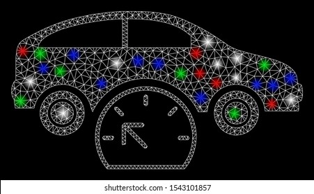 Bright mesh car testing with lightspot effect. White wire carcass polygonal mesh in vector format on a black background. Abstract 2d mesh designed with polygonal grid, round dots, colored flash spots.