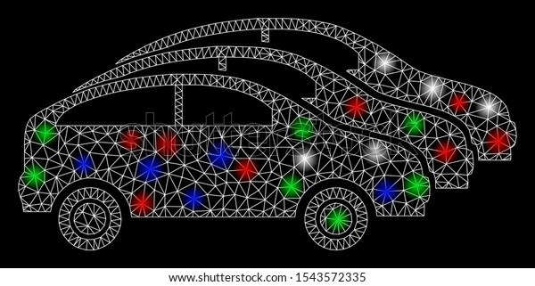 Bright\
mesh car traffic with glow effect. White wire carcass triangular\
mesh in vector format on a black background. Abstract 2d mesh built\
from triangular lines, dots, colored flash\
spots.