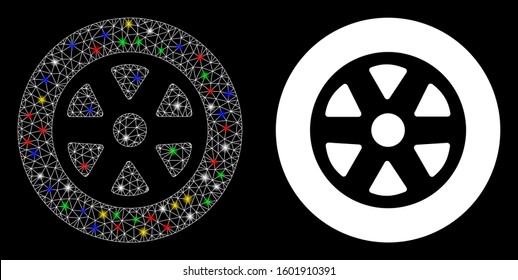 Bright mesh car wheel icon with glare effect. Abstract illuminated model of car wheel. Shiny wire frame polygonal mesh car wheel icon. Vector abstraction on a black background.