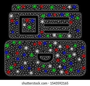 Bright mesh card index with glare effect. White wire frame triangular mesh in vector format on a black background. Abstract 2d mesh built from triangular lines, small circle, colorful glare spots.