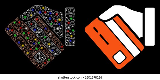 Bright mesh card payment icon with lightspot effect. Abstract illuminated model of card payment. Shiny wire carcass triangular mesh card payment icon. Vector abstraction on a black background.