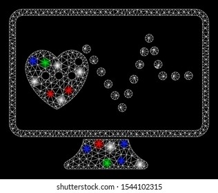 Bright mesh cardio monitoring with glare effect. White wire carcass triangular network in vector format on a black background. Abstract 2d mesh built from triangular lines, spheric points,