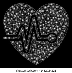 Bright mesh cardio pulse with lightspot effect. Abstract illuminated model of cardio pulse icon. Shiny wire carcass polygonal mesh cardio pulse abstraction in vector format on a black background.