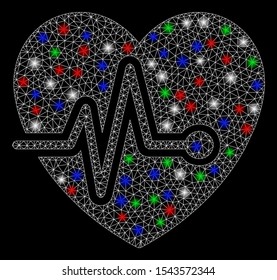 Bright mesh cardio pulse with lightspot effect. White wire frame triangular mesh in vector format on a black background. Abstract 2d mesh designed with triangular lines, points, colored glare spots.