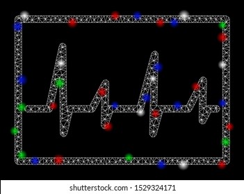 Bright mesh cardiogram with glare effect. White wire frame triangular mesh in vector format on a black background. Abstract 2d mesh designed with polygonal grid, dots, colored flare spots.