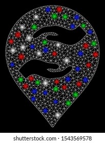 Bright mesh care hands marker with glare effect. White wire carcass polygonal network in vector format on a black background. Abstract 2d mesh designed with polygonal grid, spheric points,