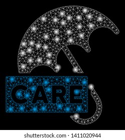 Bright mesh care umbrella with glow effect. Abstract illuminated model of care umbrella icon. Shiny wire frame triangular mesh care umbrella abstraction in vector format on a black background.
